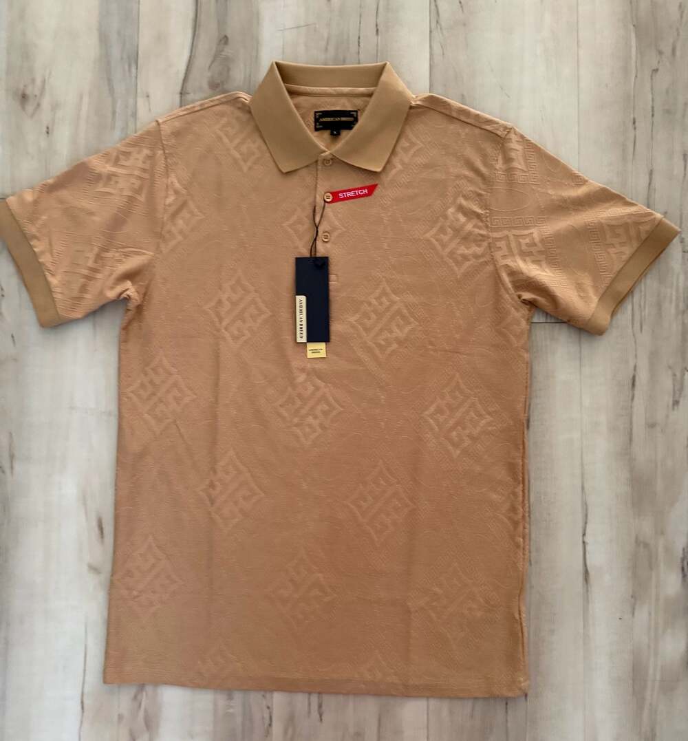 American Breed Men's Textured Geometric Pattern Stretch Polo Shirt - Khaki/Tan